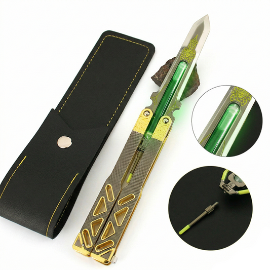 Folding knife with green blade and gold accents in a black sheath, with close-up details on a white background.