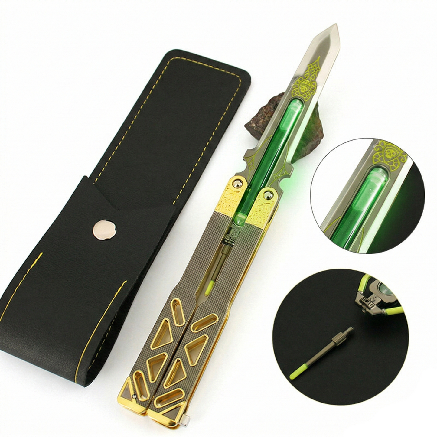 Folding knife with green blade and gold accents in a black sheath, with close-up details on a white background.