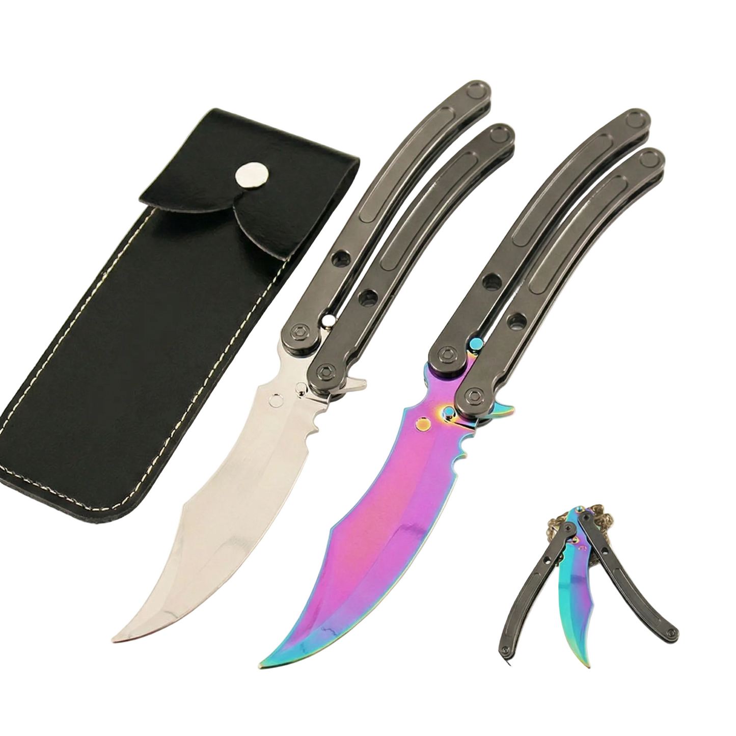 Folding knife with a colorful blade and black sheath on a white background